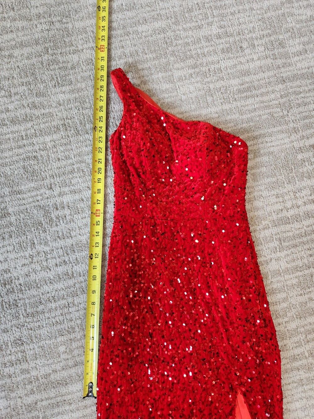 Red Sequin One Shoulder Crushed Velvet Maxi Dress with High Slit size 00 - Picture 6 of 12